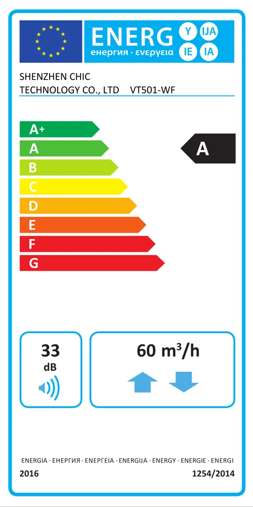 EU energetska oznaka VT501-WF: razred A, 33 dB(A), 60 m³/h