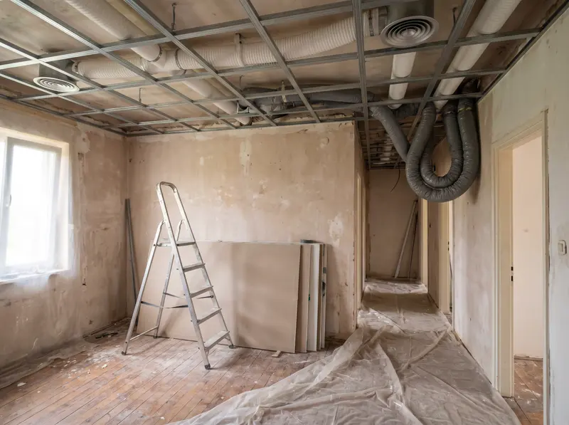 Kuća u obnovi: otvoren strop s metalnom podkonstrukcijom i bijelim i sivim ventilacijskim kanalima prema hodniku