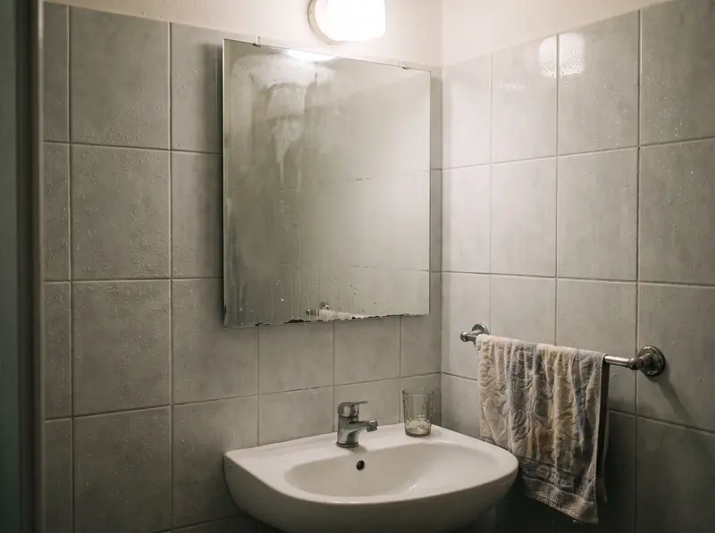 Zamagljeno ogledalo u maloj kupaonici bez prozora, kapljice na pločicama