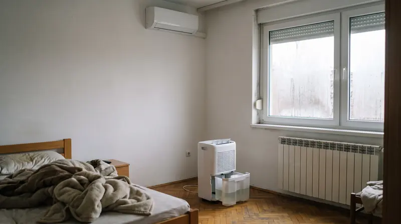 Spavaća soba zimi: odvlaživač s izvučenim spremnikom vode na podu, klima na zidu, orošen prozor