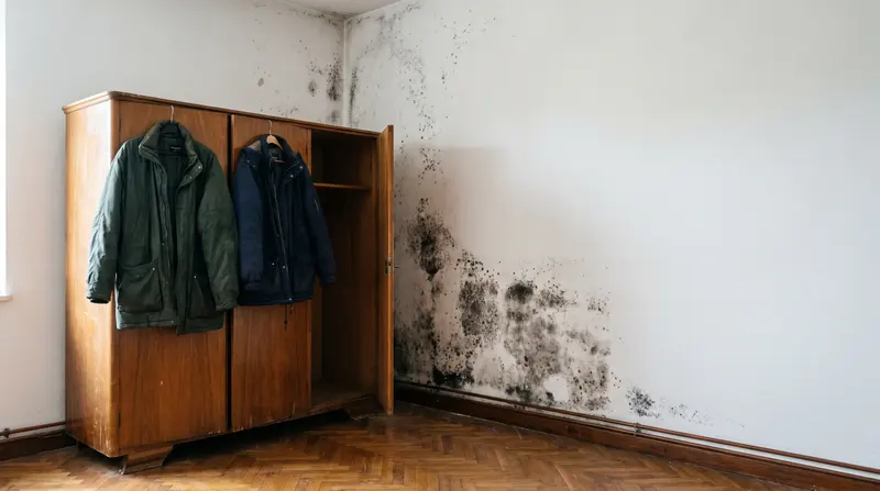 Ormar odmaknut od vanjskog zida, iza njega u kutu crne mrlje plijesni