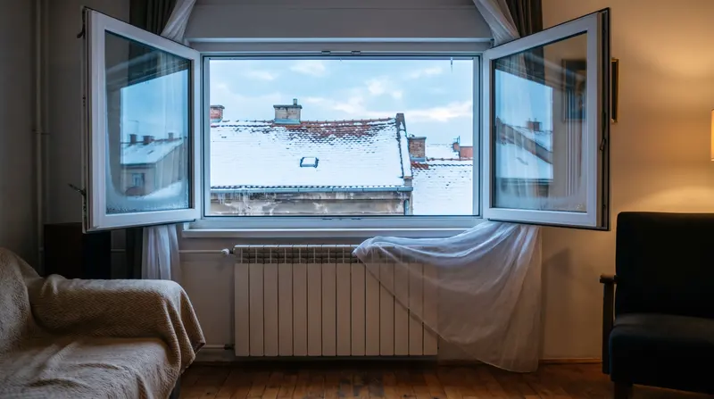 Širom otvoren prozor zimi, snijeg na krovovima, zavjesa se njiše iznad radijatora