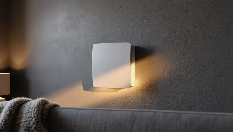 Dnevni boravak navečer, topla svjetlost lampe na zidu i bijela ploča rekuperatora