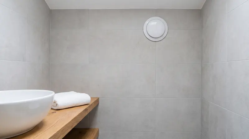 Kupaonica bez prozora sa sivim pločicama, na zidu okrugli bijeli ventilator s kupolom